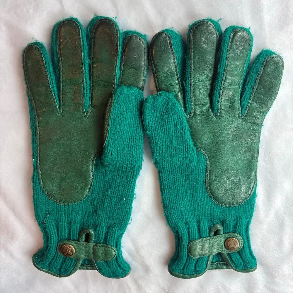 Vintage Forest Green Cable Lattice Knit Gloves Genuine Leather Trim Ladies OS